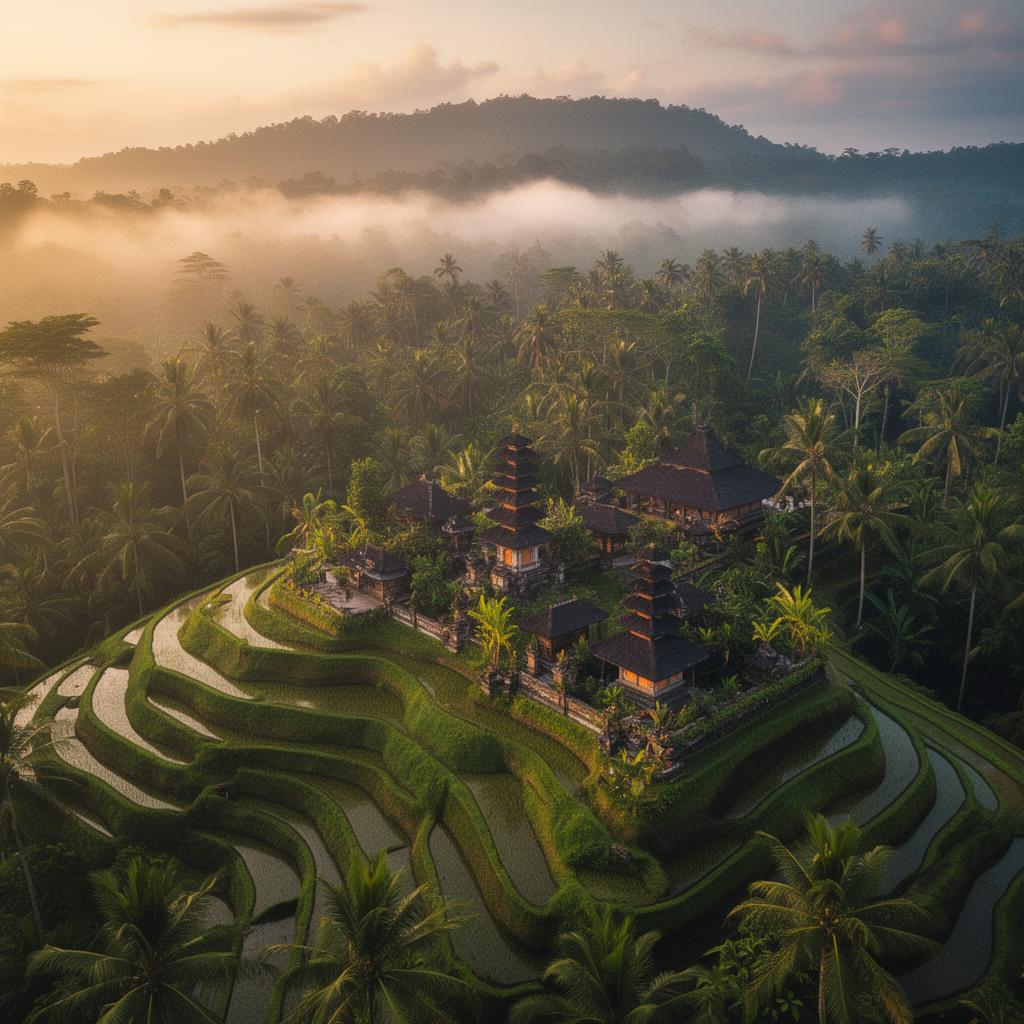 Lush Bali jungle and temple architecture